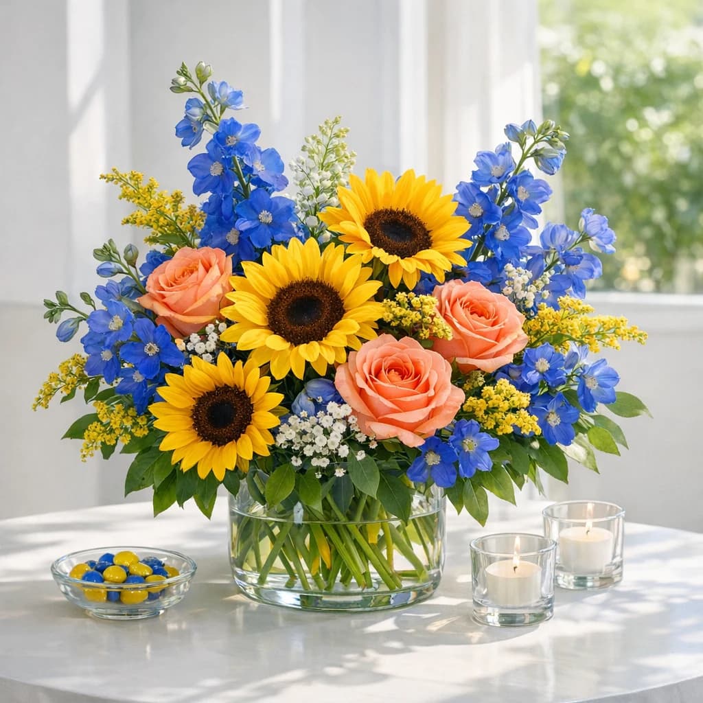 World Down Syndrome Day floral calendar still life with sunflowers, coral roses, blue delphinium