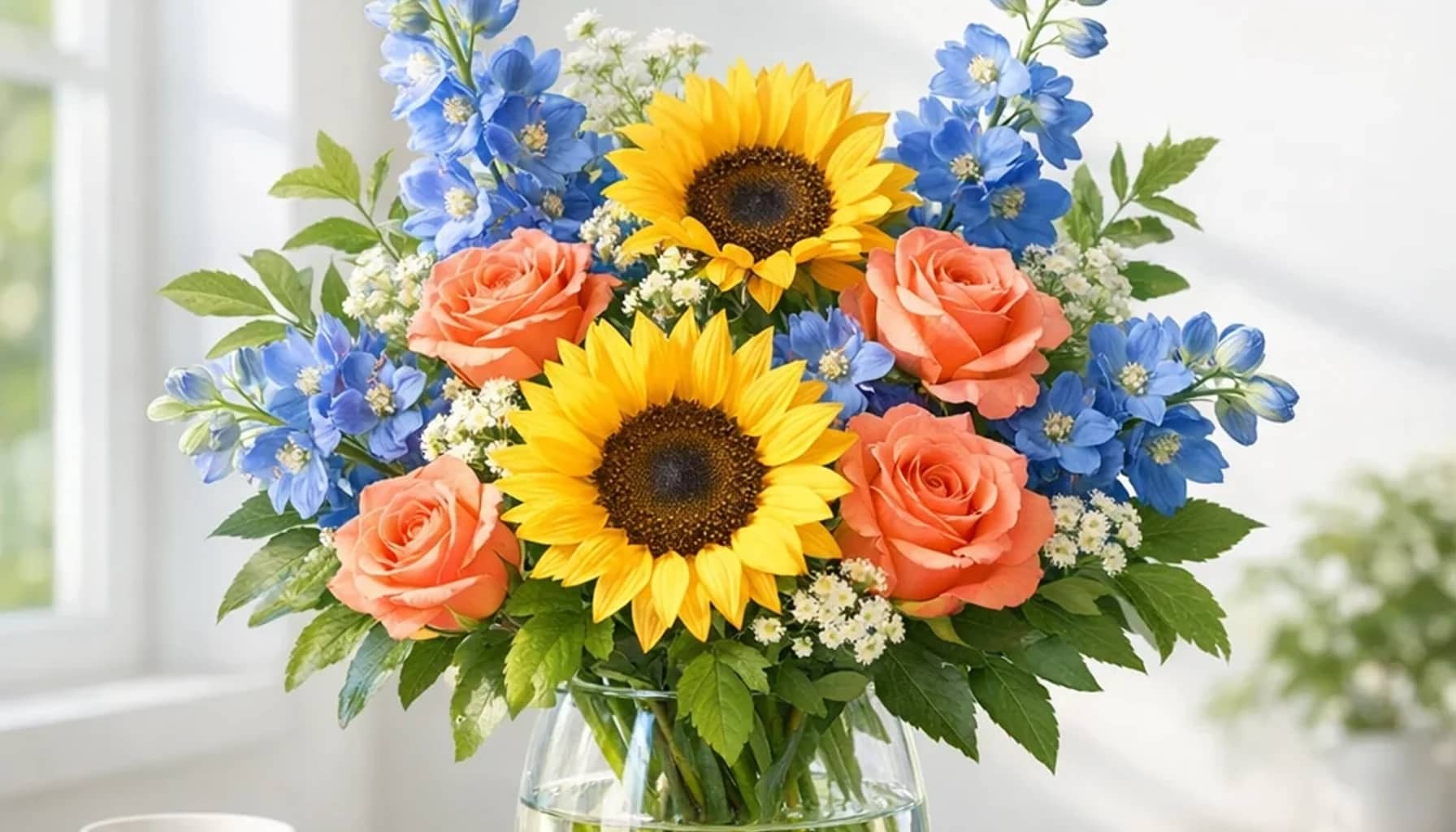 World Fair Play Day flower arrangement with sunflowers, coral roses, blue delphinium designed as a respectful community floral guide