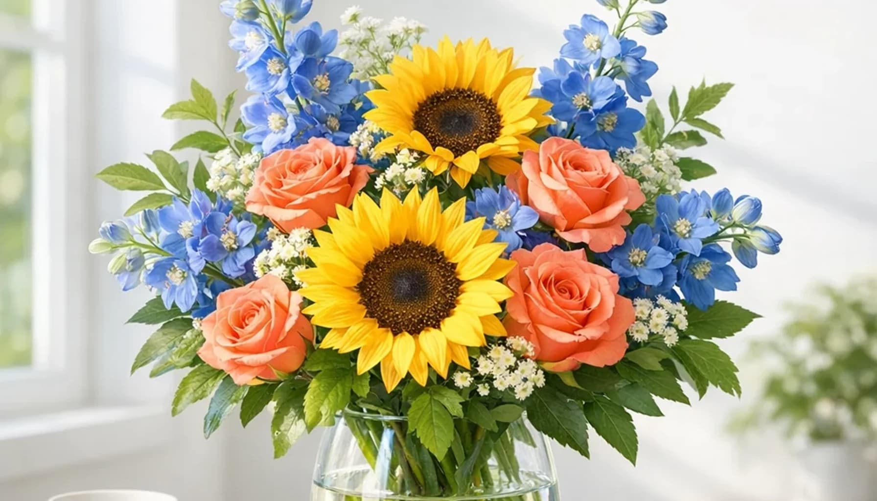 World Fair Play Day flower guide banner featuring sunflowers, coral roses, blue delphinium in sun, coral, blue, green tones