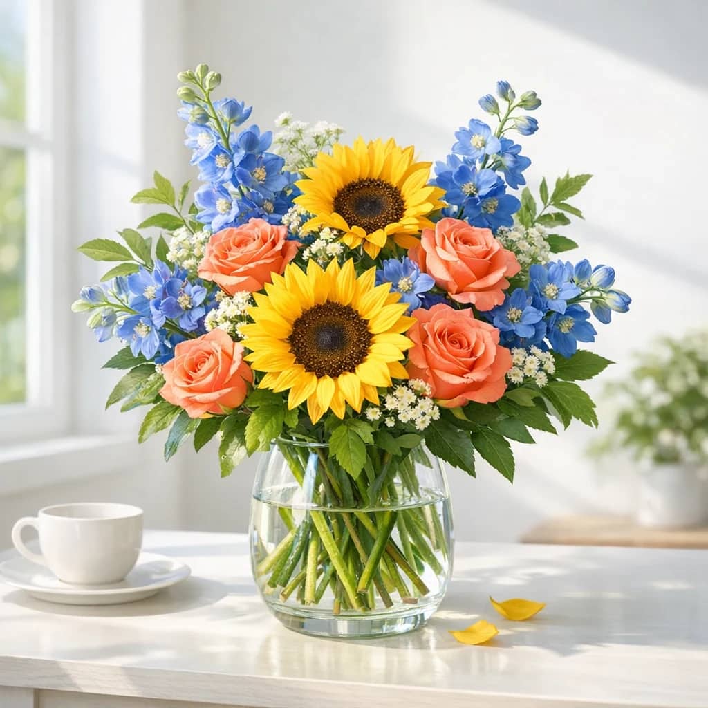 World Fair Play Day floral calendar still life with sunflowers, coral roses, blue delphinium