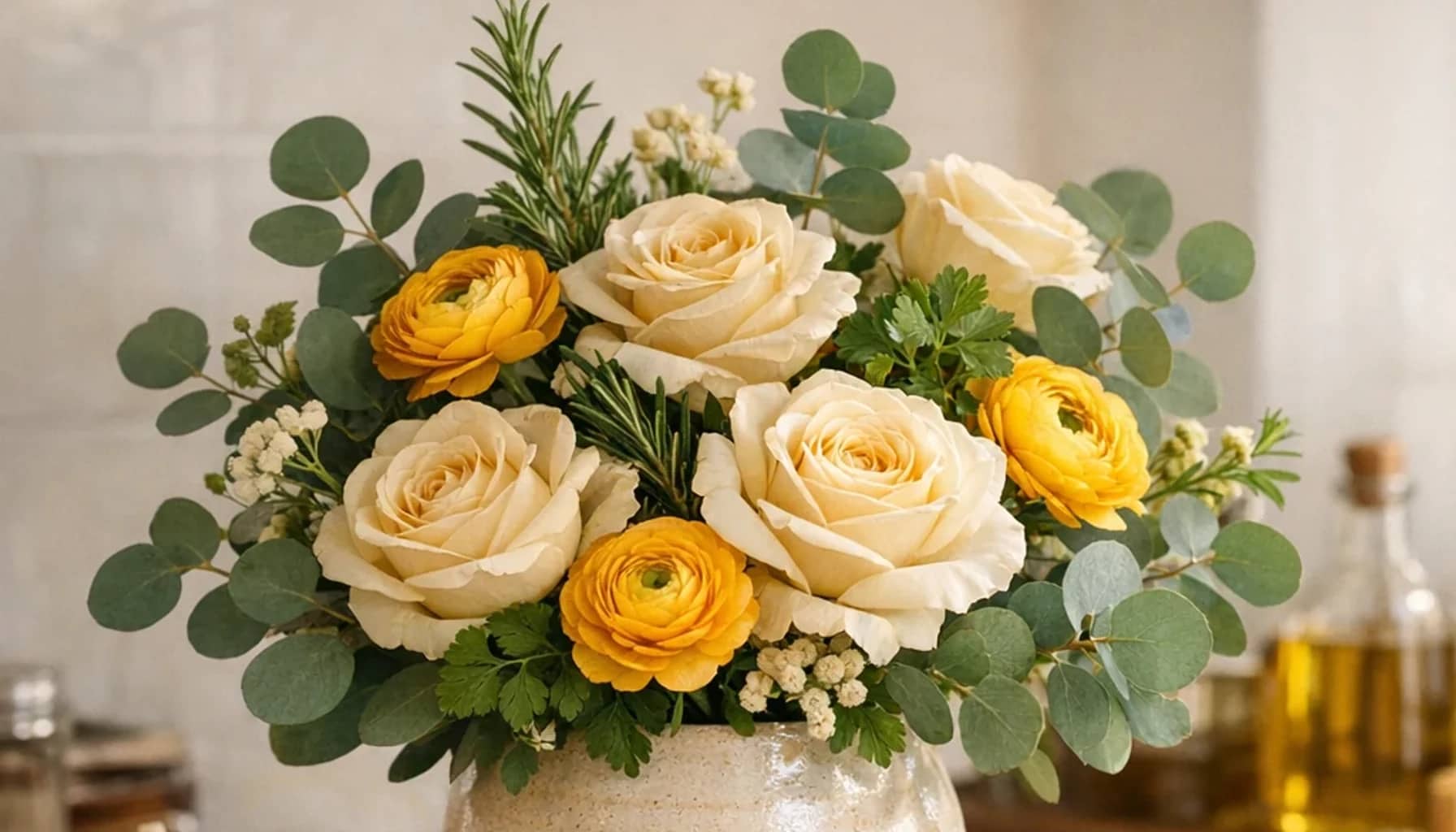 World Food Safety Day flower arrangement with cream roses, yellow ranunculus, eucalyptus designed as a respectful service and recognition floral guide