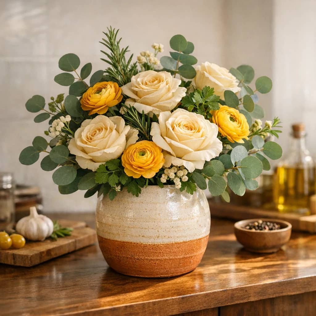 World Food Safety Day floral calendar still life with cream roses, yellow ranunculus, eucalyptus