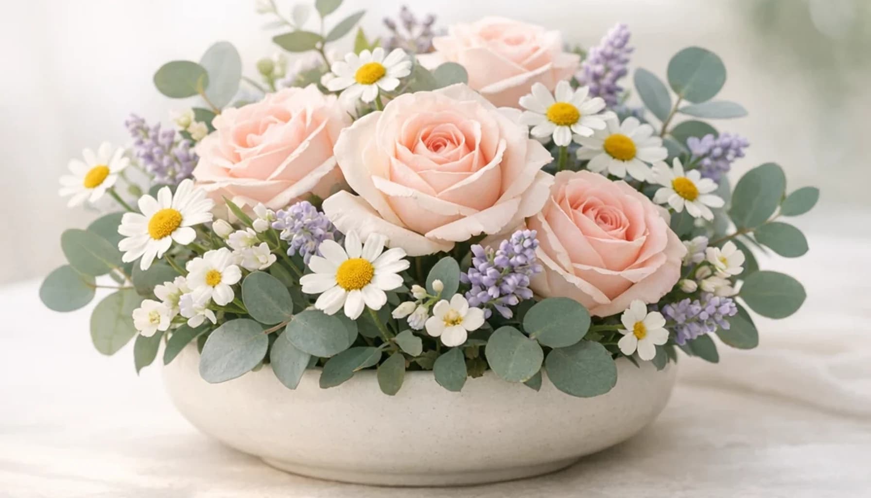 World Health Day flower guide banner featuring chamomile, soft roses, eucalyptus in soft white, blush, eucalyptus, lavender tones
