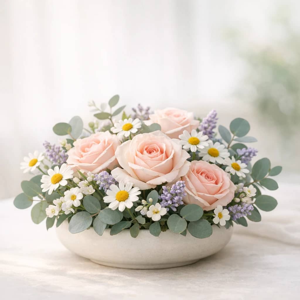 World Health Day floral calendar still life with chamomile, soft roses, eucalyptus