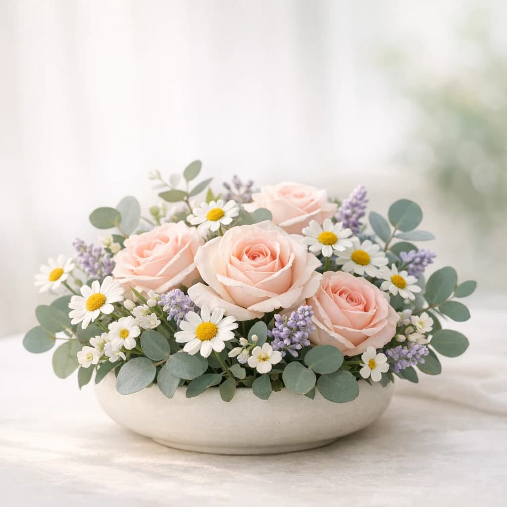 World Health Day floral calendar still life with chamomile, soft roses, eucalyptus