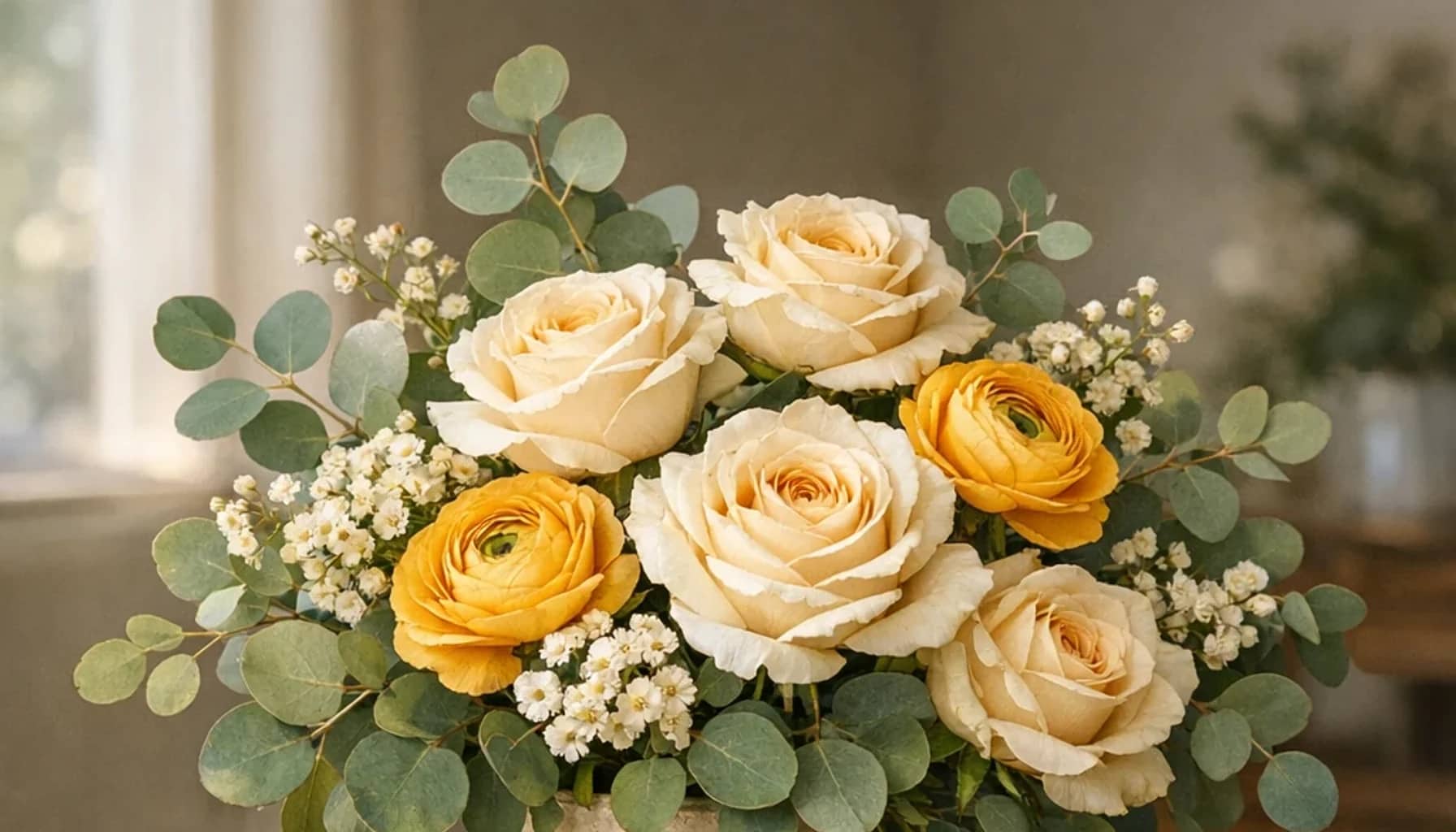 World Humanitarian Day flower arrangement with cream roses, yellow ranunculus, eucalyptus designed as a respectful service and recognition floral guide