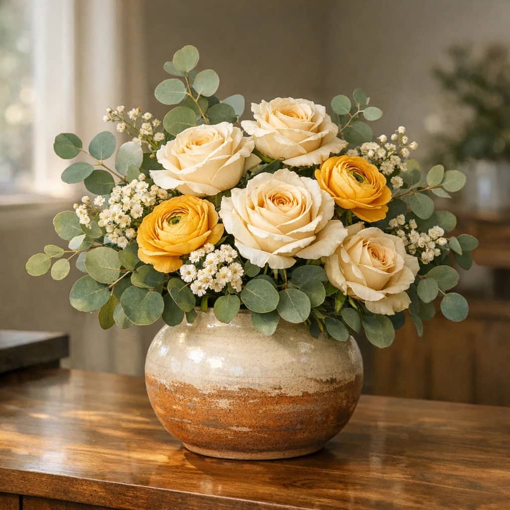 World Humanitarian Day floral calendar still life with cream roses, yellow ranunculus, eucalyptus
