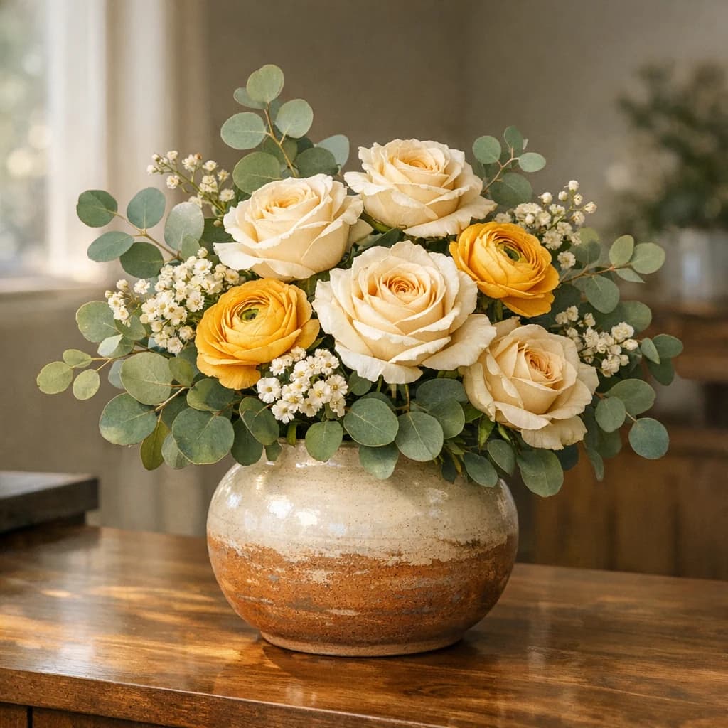 World Humanitarian Day floral calendar still life with cream roses, yellow ranunculus, eucalyptus