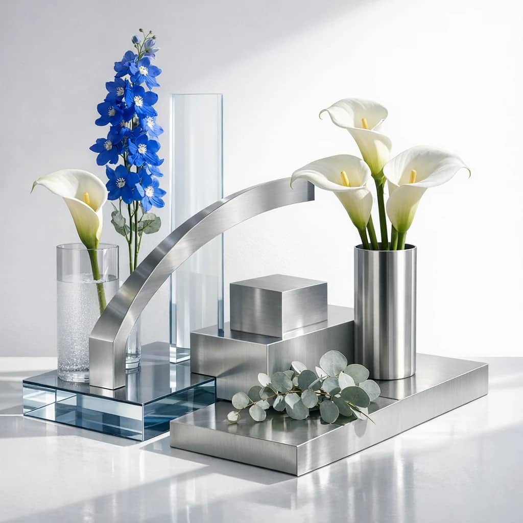 World Intellectual Property Day floral calendar still life with white calla lilies, blue delphinium, silver eucalyptus