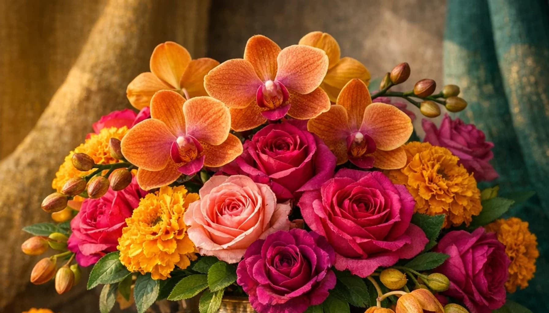 World Kiswahili Language Day flower guide banner featuring orchids, marigolds, garden roses in saffron, magenta, jade, gold tones