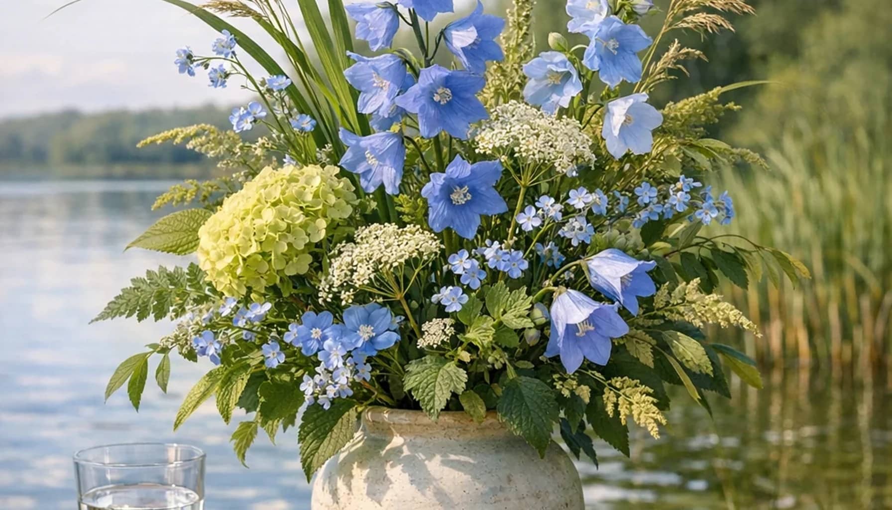 World Lake Day flower arrangement with seasonal wildflowers, green hydrangea, textural foliage designed as a respectful nature and sustainability floral guide