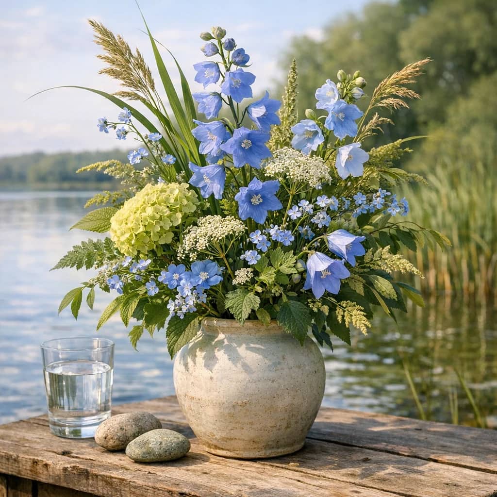 World Lake Day floral calendar still life with seasonal wildflowers, green hydrangea, textural foliage