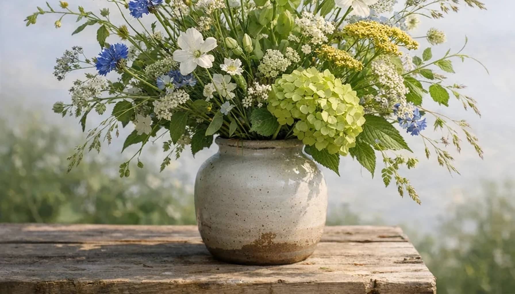 World Migratory Bird Day flower arrangement with seasonal wildflowers, green hydrangea, textural foliage designed as a respectful nature and sustainability floral guide