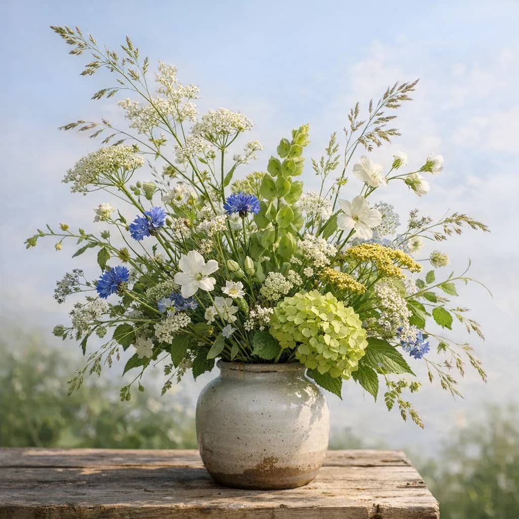 World Migratory Bird Day floral calendar still life with seasonal wildflowers, green hydrangea, textural foliage