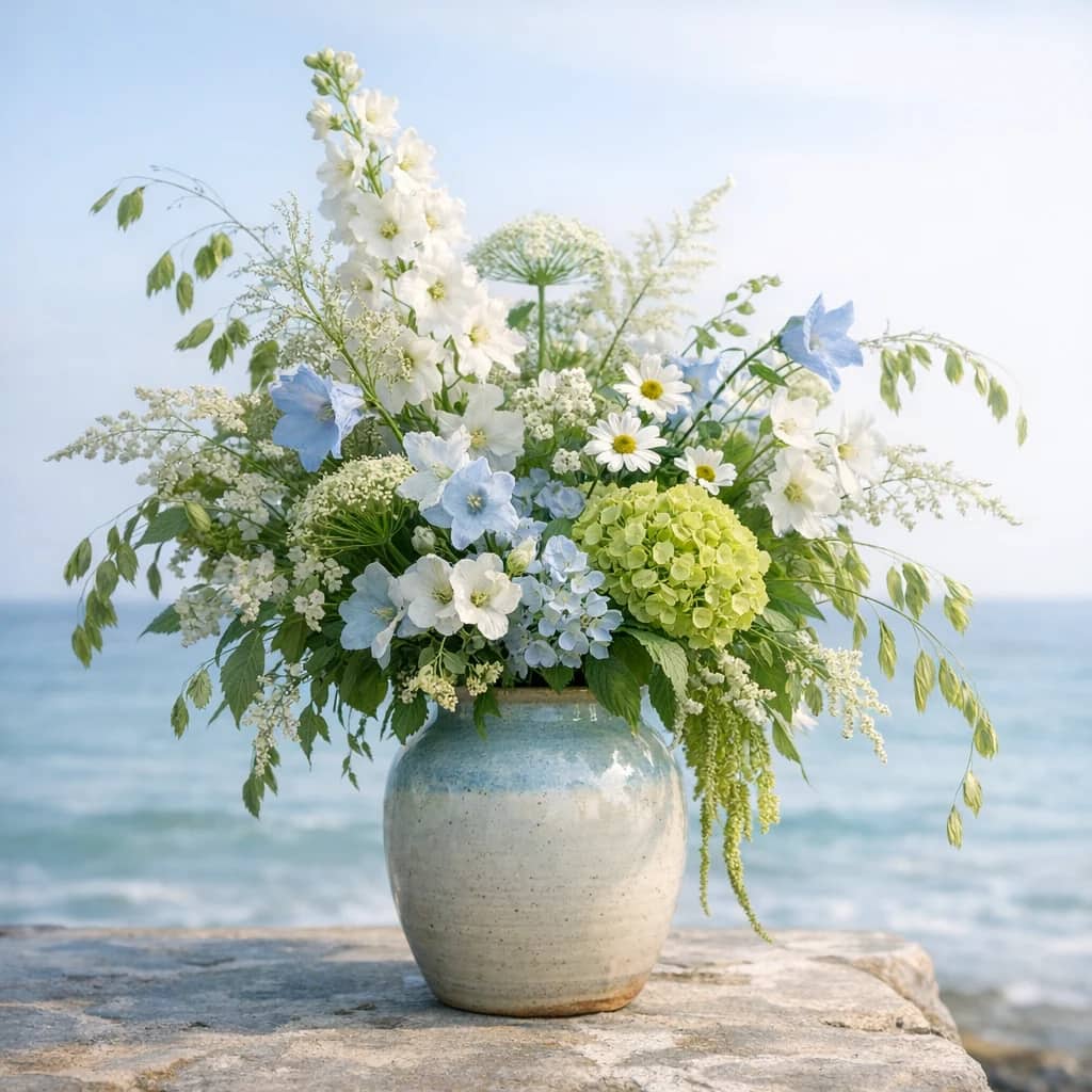 World Oceans Day floral calendar still life with seasonal wildflowers, green hydrangea, textural foliage