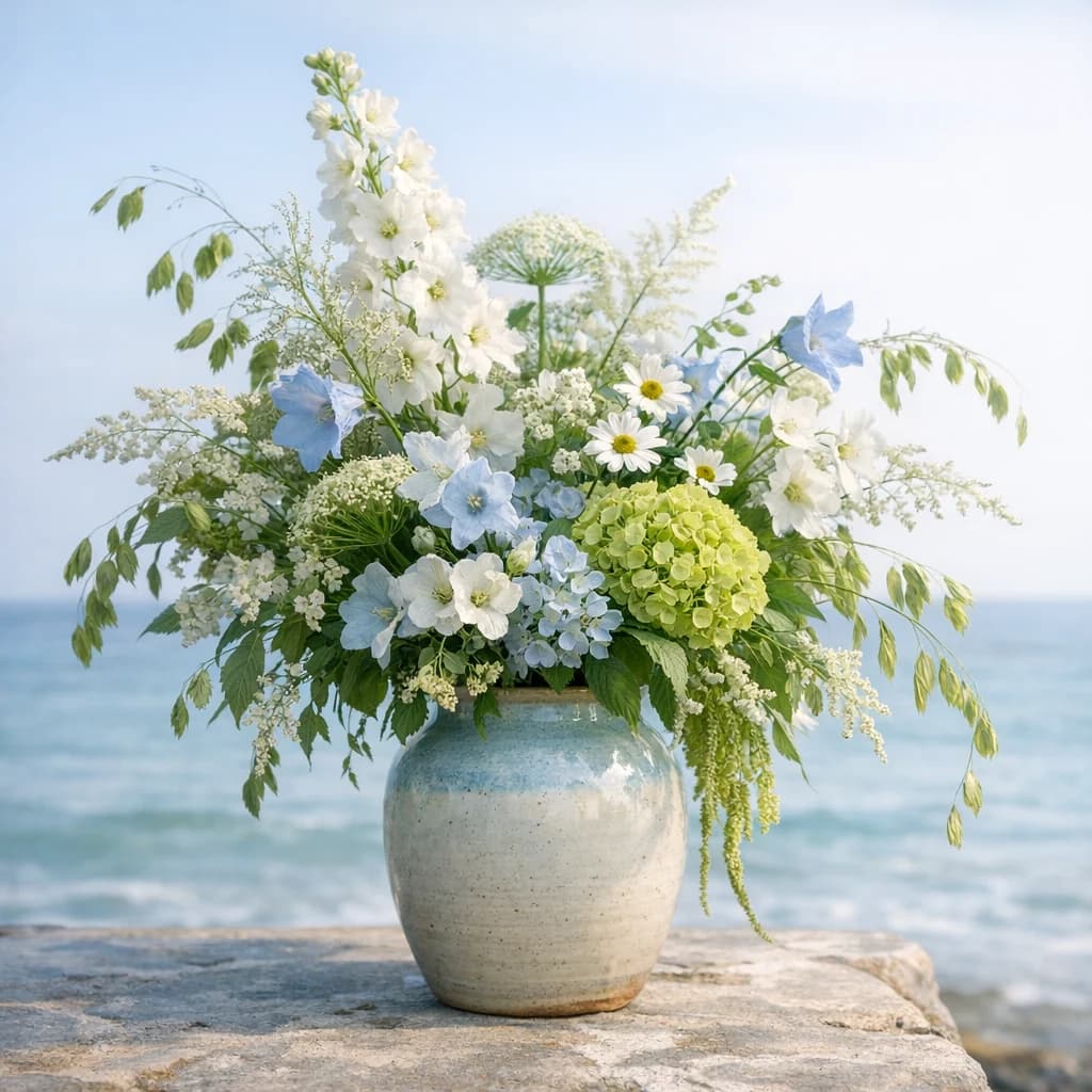 World Oceans Day floral calendar still life with seasonal wildflowers, green hydrangea, textural foliage