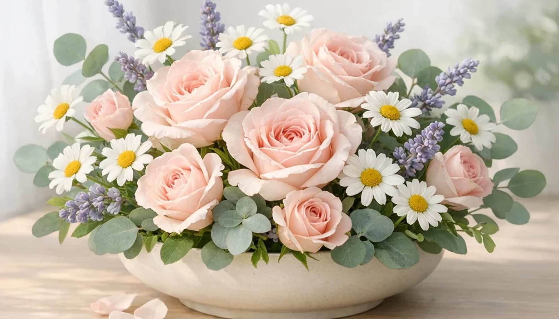 World Patient Safety Day flower guide banner featuring chamomile, soft roses, eucalyptus in soft white, blush, eucalyptus, lavender tones