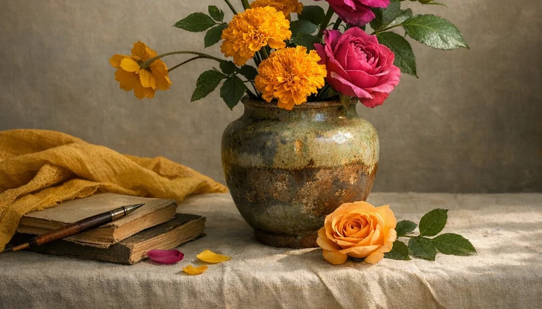World Poetry Day flower guide banner featuring orchids, marigolds, garden roses in saffron, magenta, jade, gold tones
