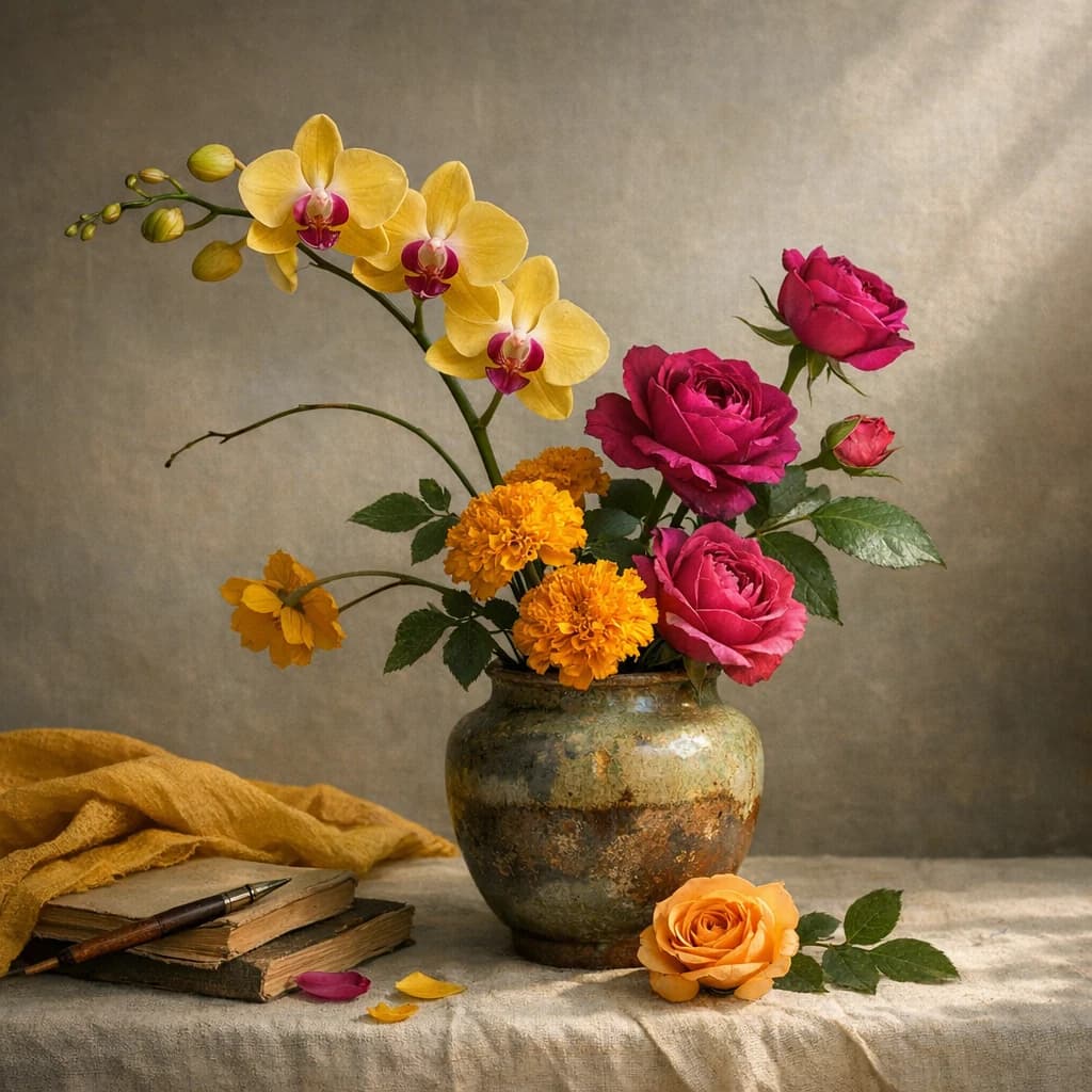 World Poetry Day floral calendar still life with orchids, marigolds, garden roses