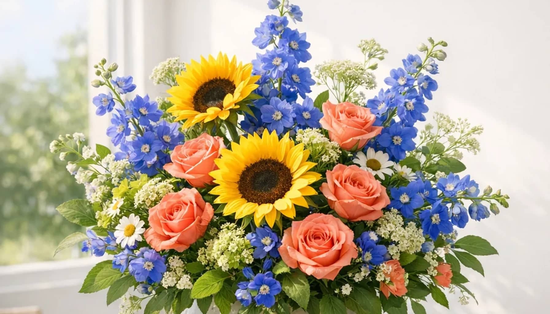 World Population Day flower arrangement with sunflowers, coral roses, blue delphinium designed as a respectful community floral guide