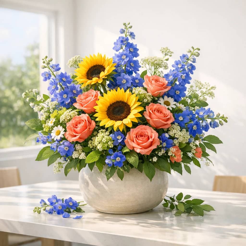 World Population Day floral calendar still life with sunflowers, coral roses, blue delphinium