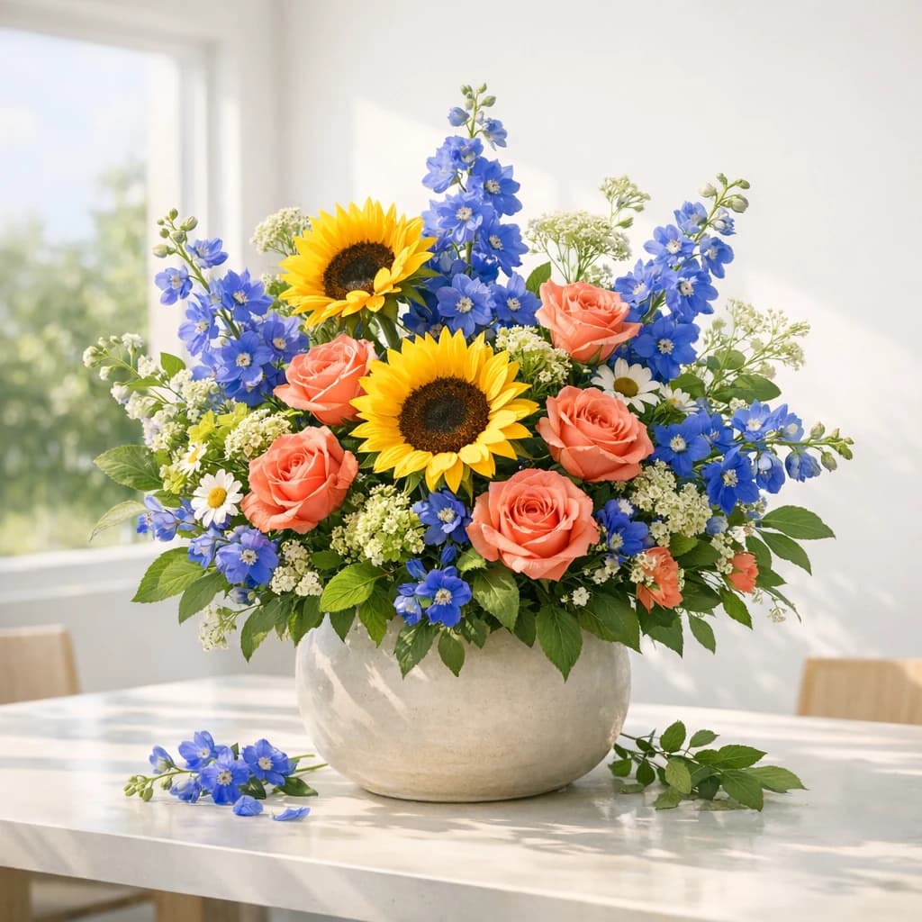 World Population Day floral calendar still life with sunflowers, coral roses, blue delphinium