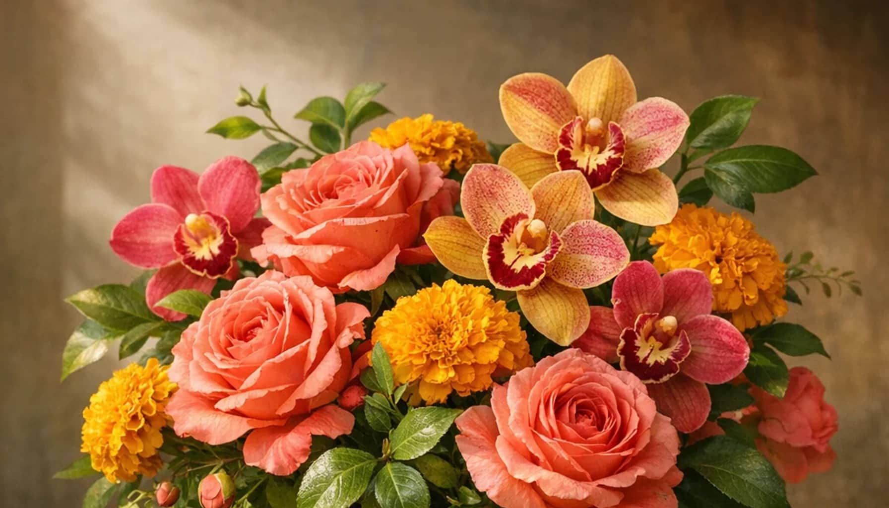 World Portuguese Language Day flower arrangement with orchids, marigolds, garden roses designed as a respectful culture and language floral guide
