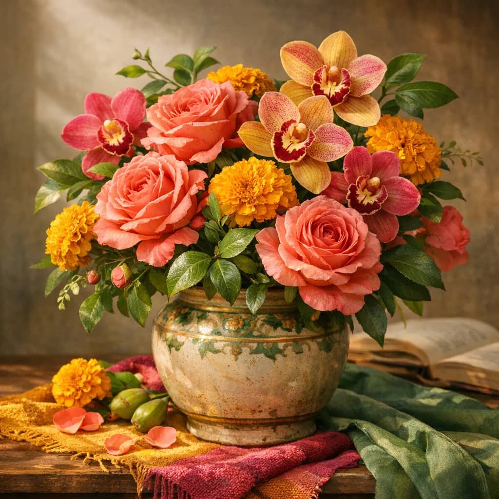 World Portuguese Language Day floral calendar still life with orchids, marigolds, garden roses