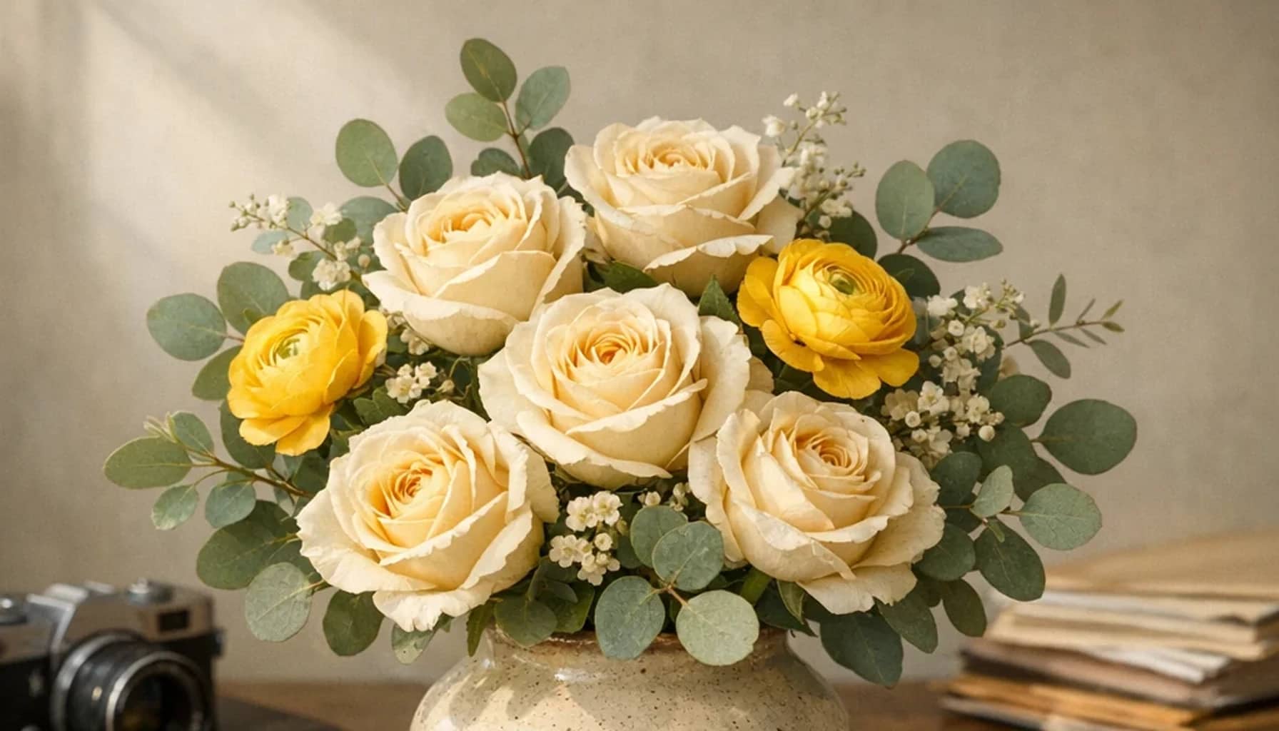 World Press Freedom Day flower arrangement with cream roses, yellow ranunculus, eucalyptus designed as a respectful service and recognition floral guide