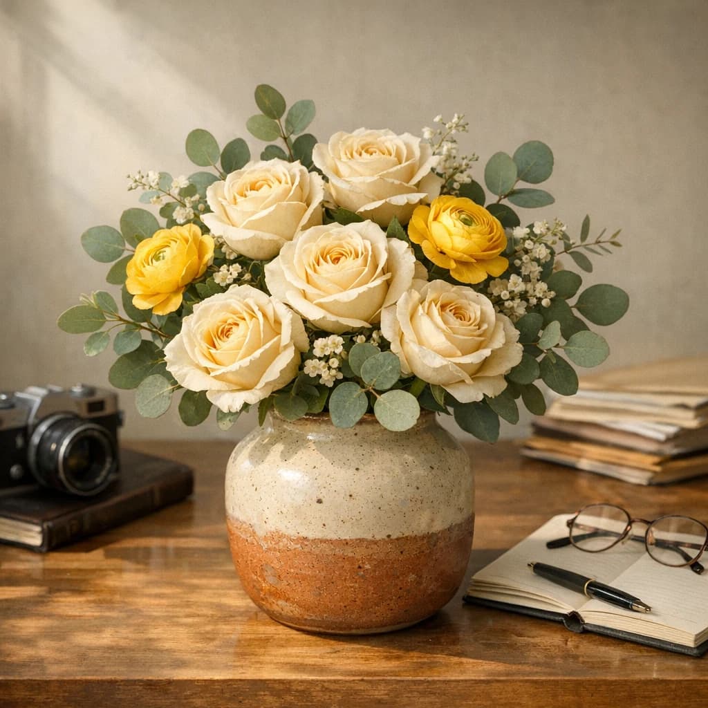 World Press Freedom Day floral calendar still life with cream roses, yellow ranunculus, eucalyptus