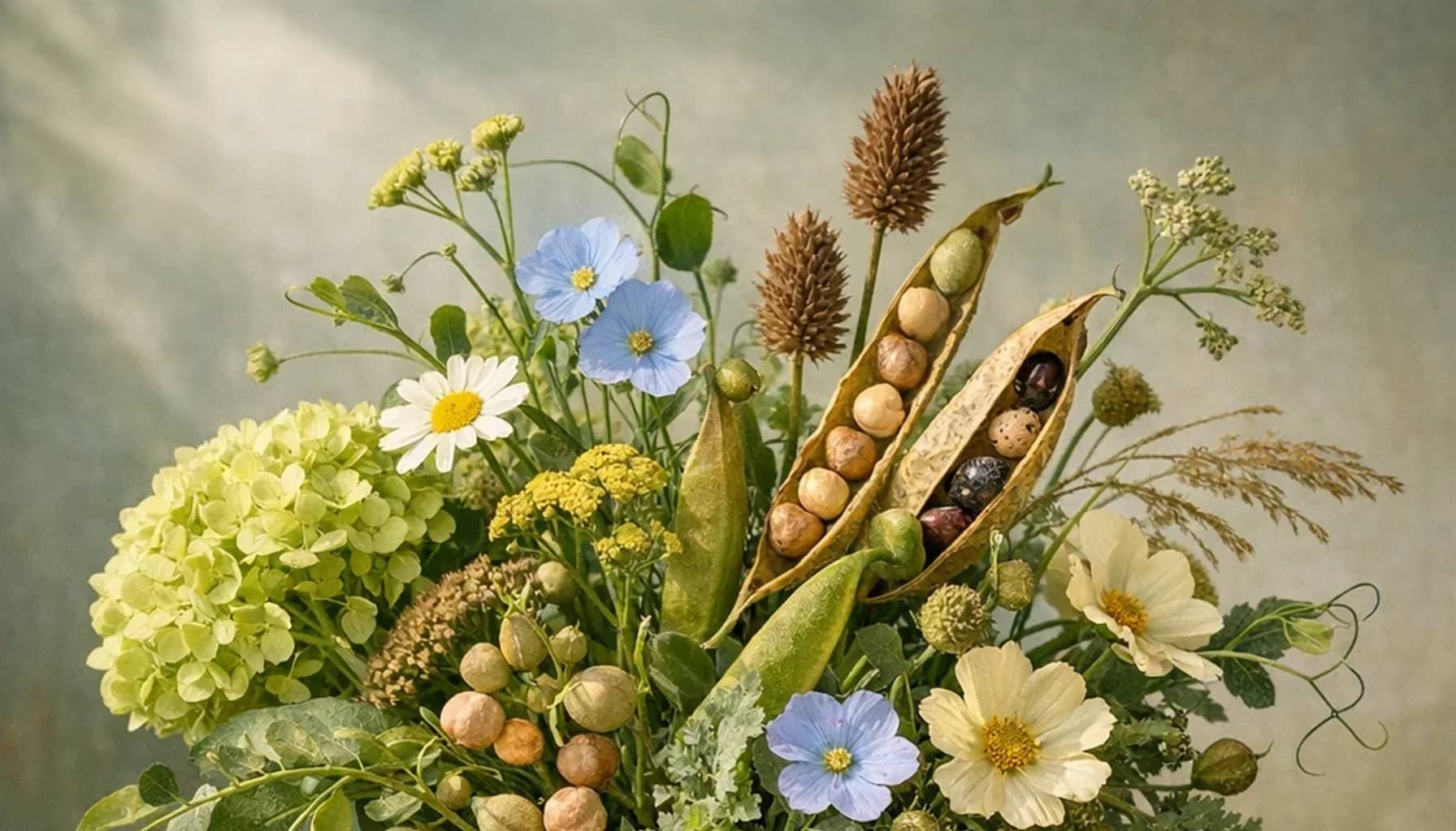 World Pulses Day flower arrangement with seasonal wildflowers, green hydrangea, textural foliage designed as a respectful nature and sustainability floral guide