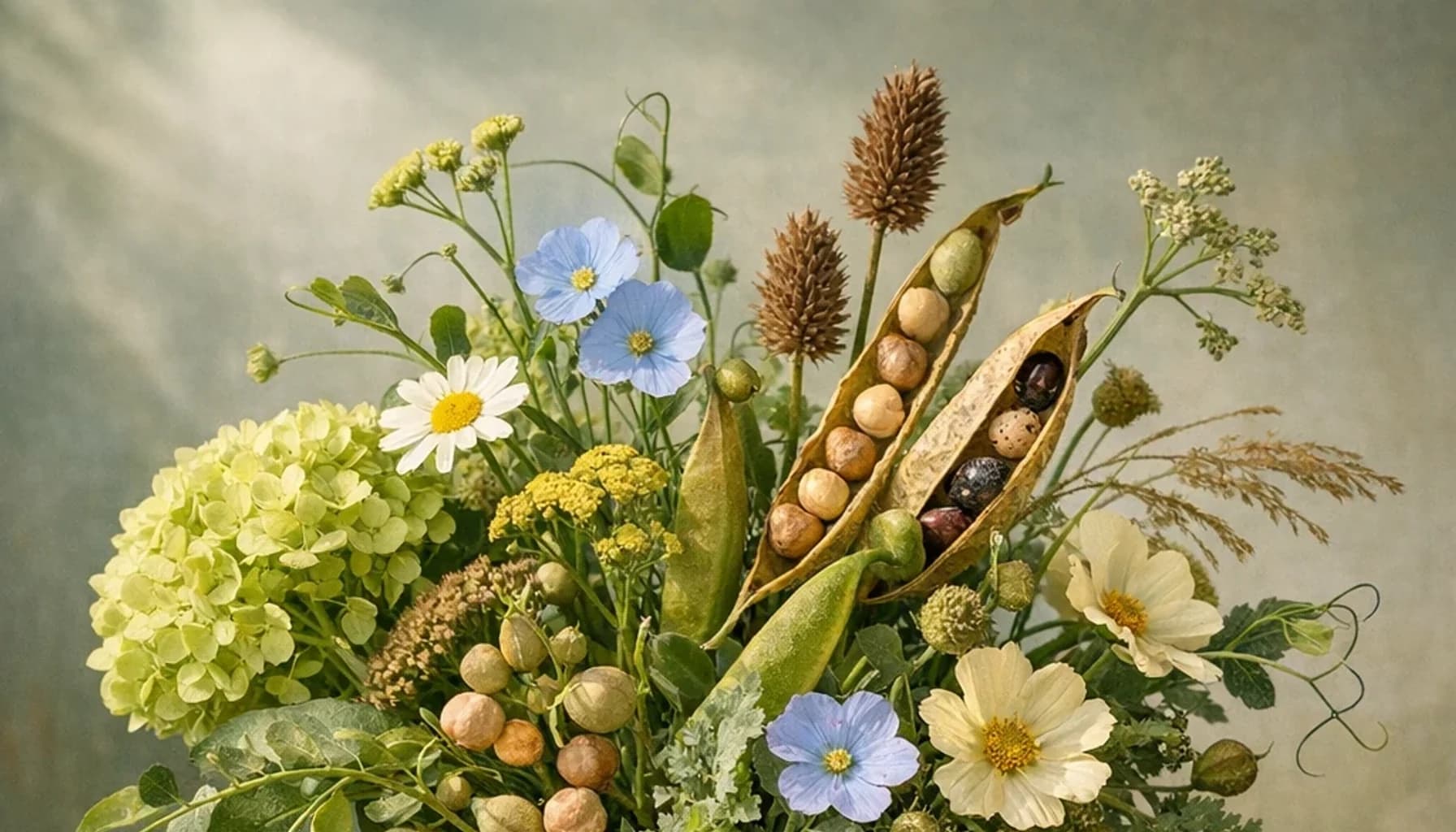 World Pulses Day flower guide banner featuring seasonal wildflowers, green hydrangea, textural foliage in leaf, moss, sky, clay tones