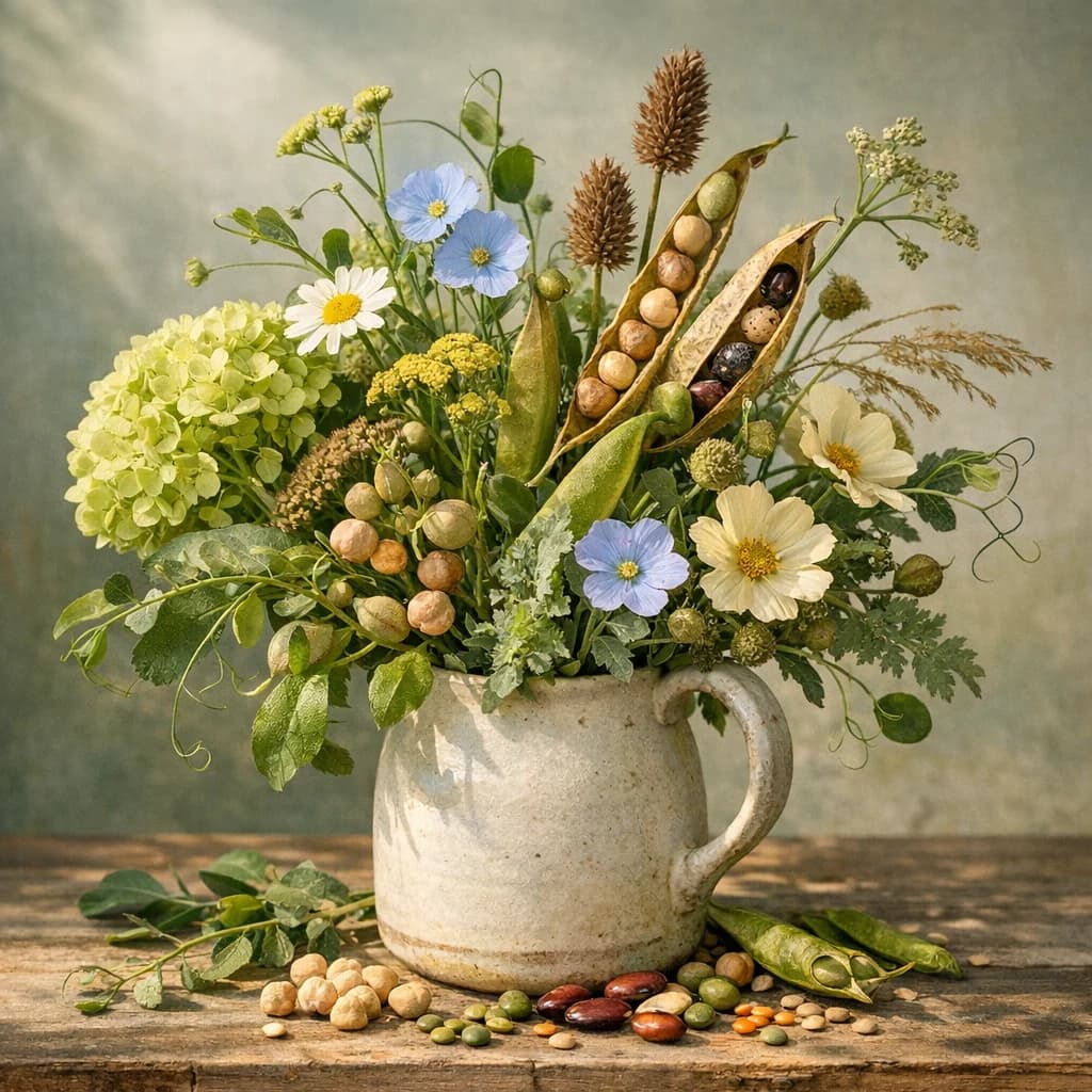 World Pulses Day floral calendar still life with seasonal wildflowers, green hydrangea, textural foliage