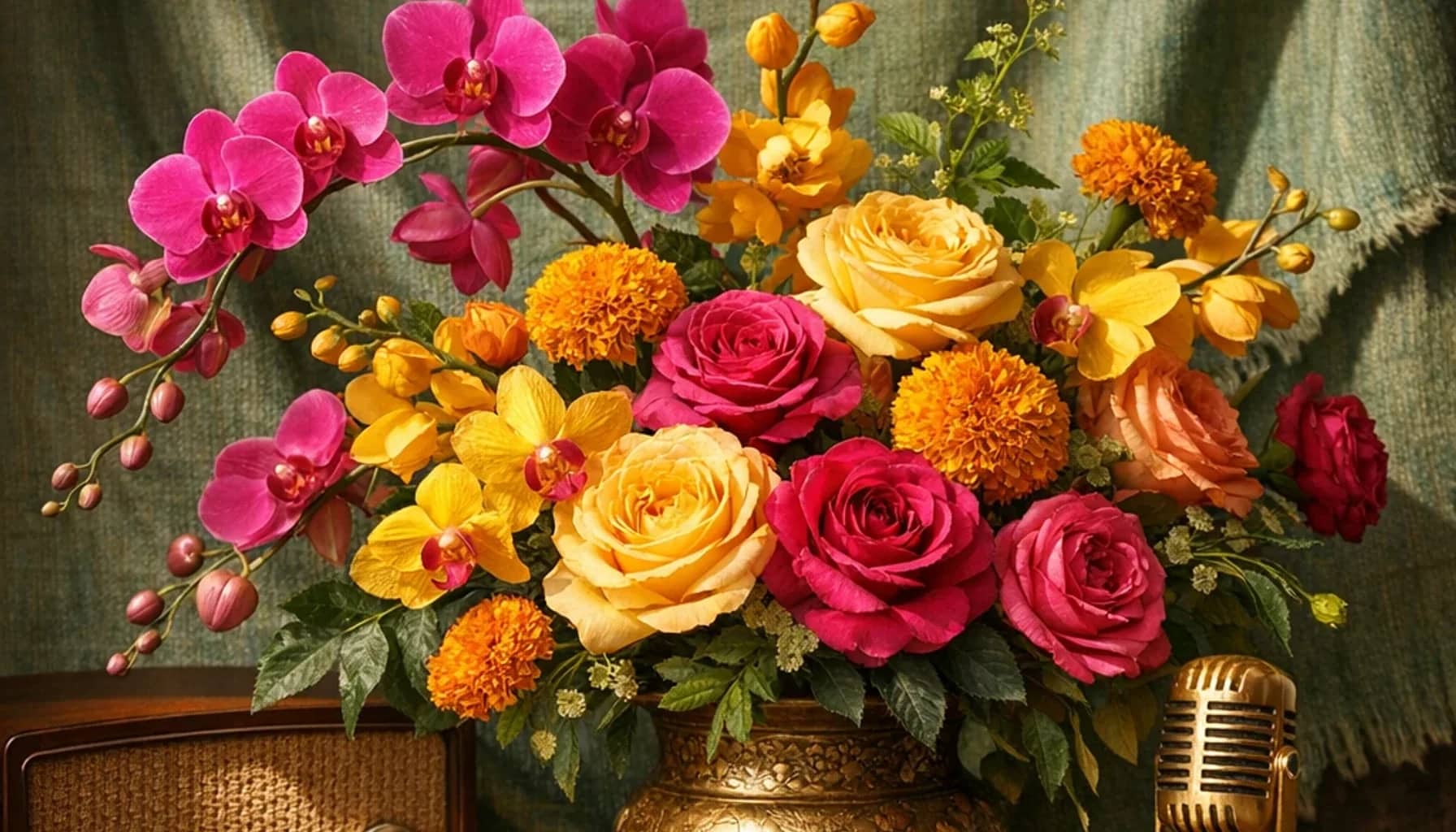 World Radio Day flower arrangement with orchids, marigolds, garden roses designed as a respectful culture and language floral guide