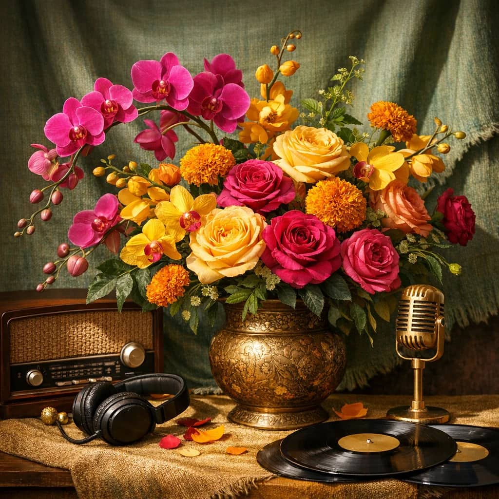 World Radio Day floral calendar still life with orchids, marigolds, garden roses