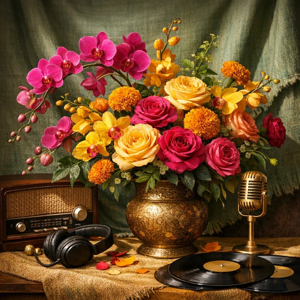 World Radio Day floral calendar still life with orchids, marigolds, garden roses