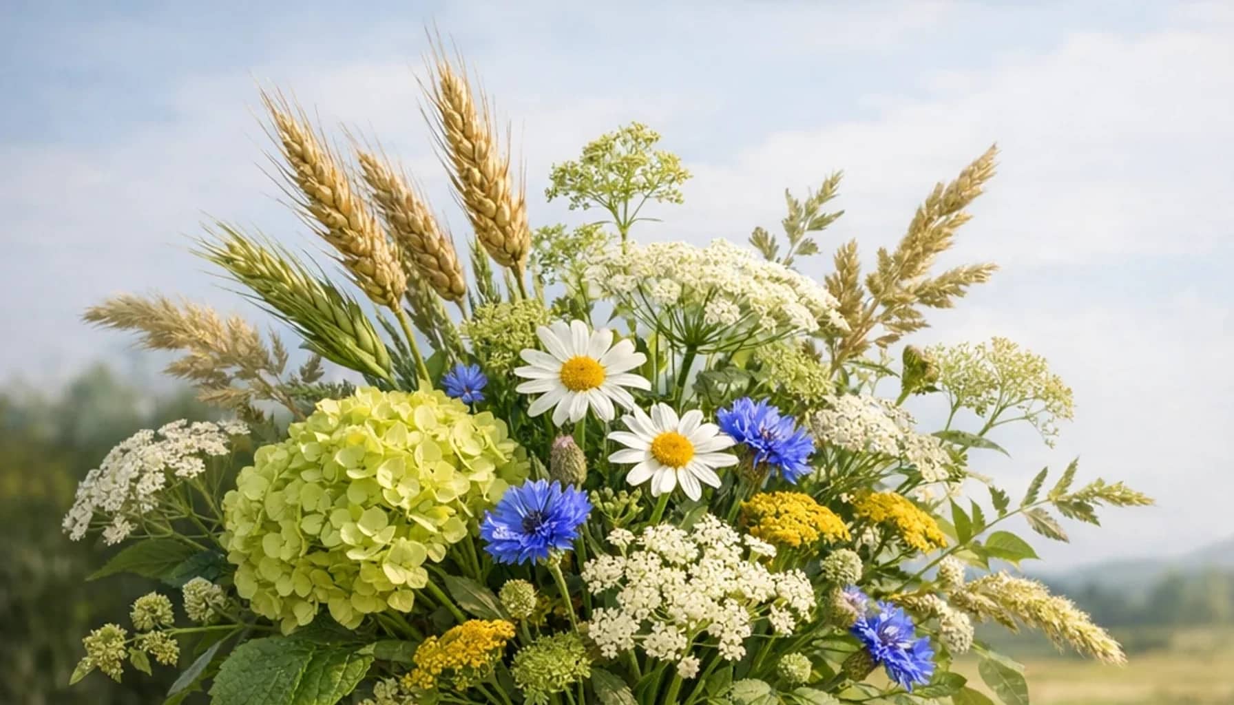 World Rural Development Day flower arrangement with seasonal wildflowers, green hydrangea, textural foliage designed as a respectful nature and sustainability floral guide