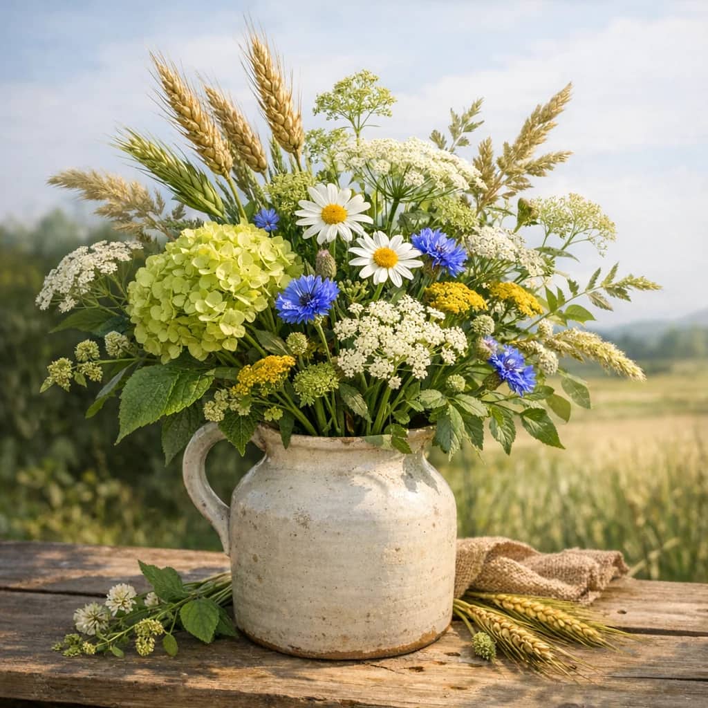 World Rural Development Day floral calendar still life with seasonal wildflowers, green hydrangea, textural foliage