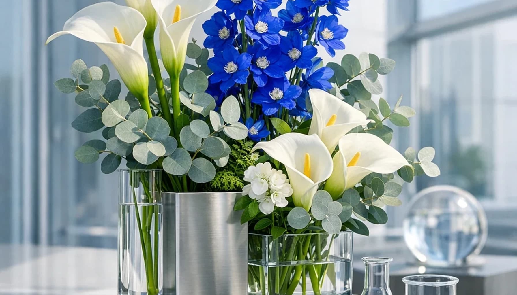 World Science Day for Peace and Development flower guide banner featuring white calla lilies, blue delphinium, silver eucalyptus in optic white, cobalt, silver, green tones