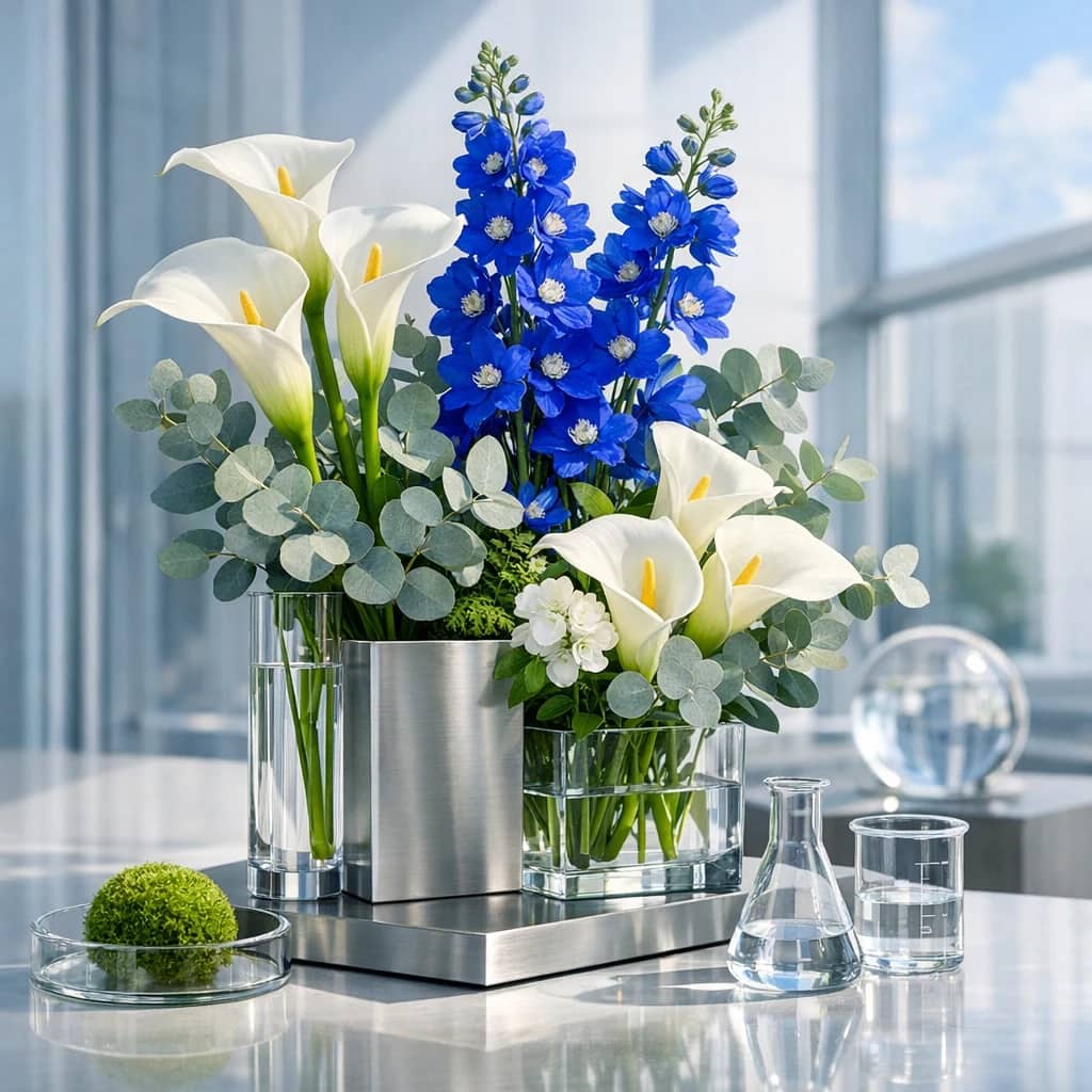 World Science Day for Peace and Development floral calendar still life with white calla lilies, blue delphinium, silver eucalyptus