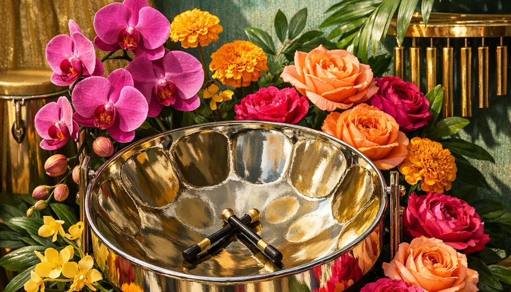 World Steelpan Day flower arrangement with orchids, marigolds, garden roses designed as a respectful culture and language floral guide