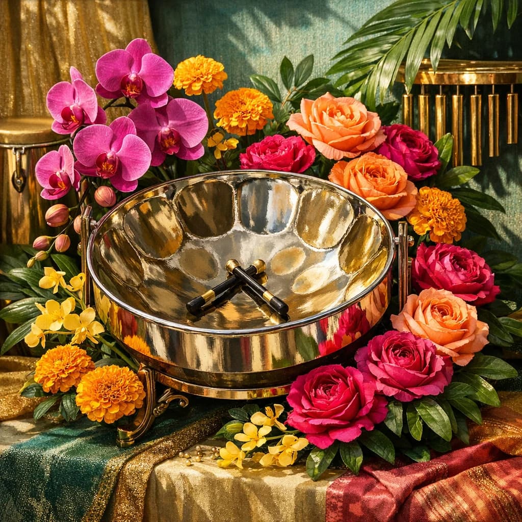 World Steelpan Day floral calendar still life with orchids, marigolds, garden roses