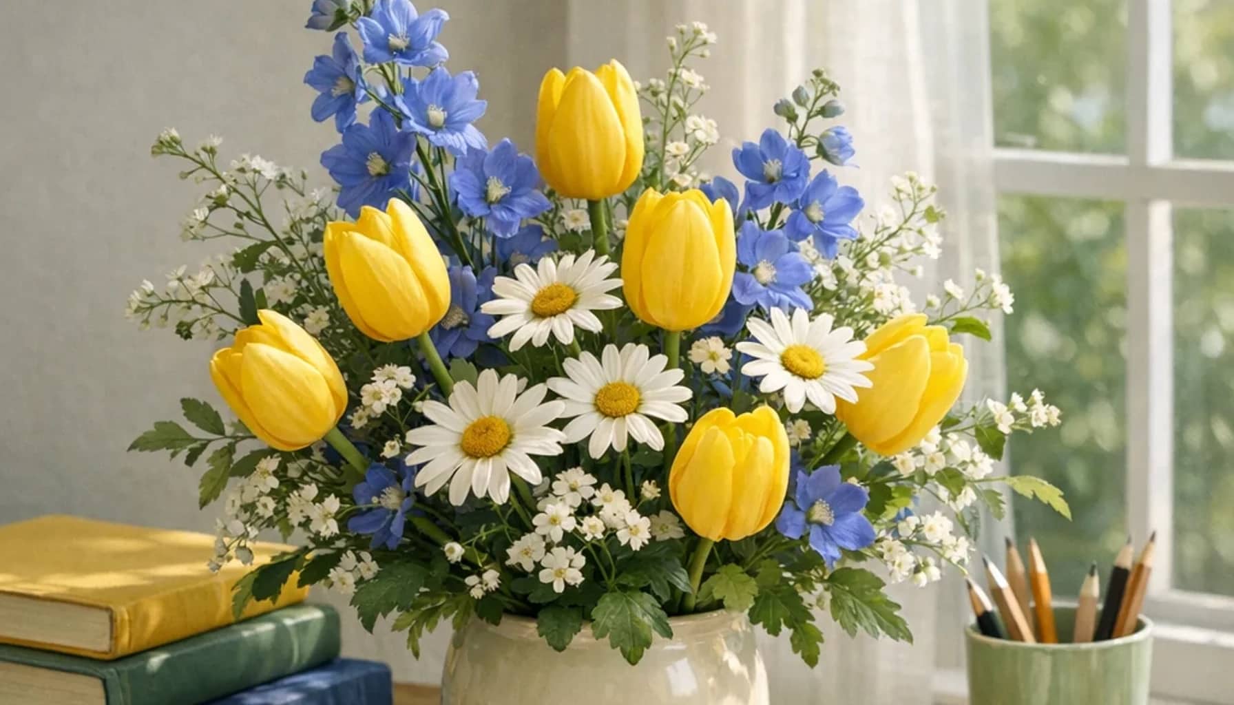 World Teachers' Day flower arrangement with yellow tulips, white daisies, blue delphinium designed as a respectful learning and mentorship floral guide