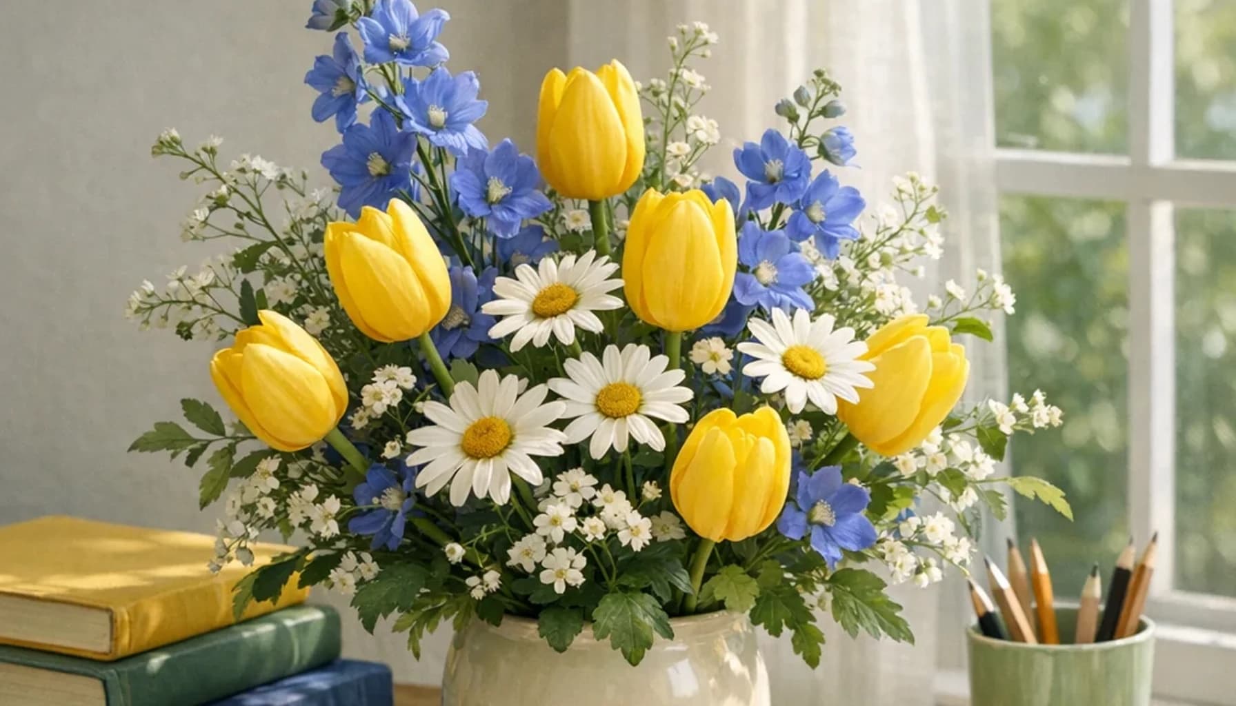 World Teachers' Day flower guide banner featuring yellow tulips, white daisies, blue delphinium in notebook yellow, paper, ink blue, sage tones
