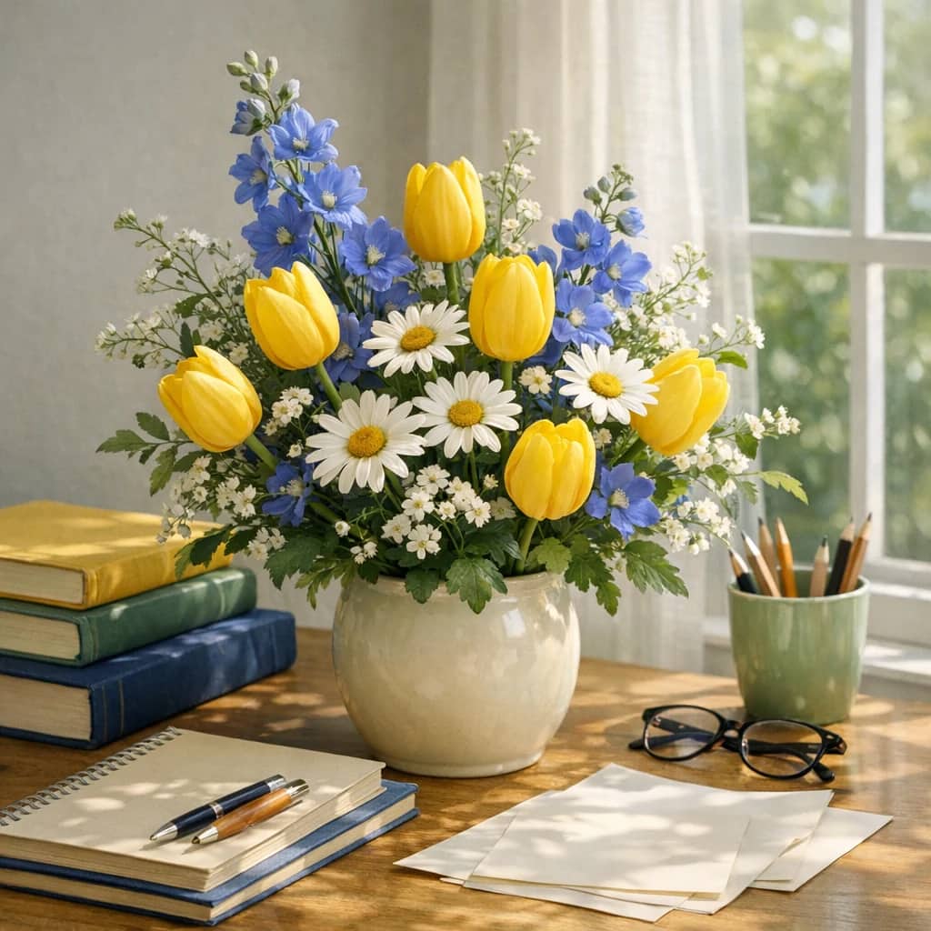 World Teachers' Day floral calendar still life with yellow tulips, white daisies, blue delphinium
