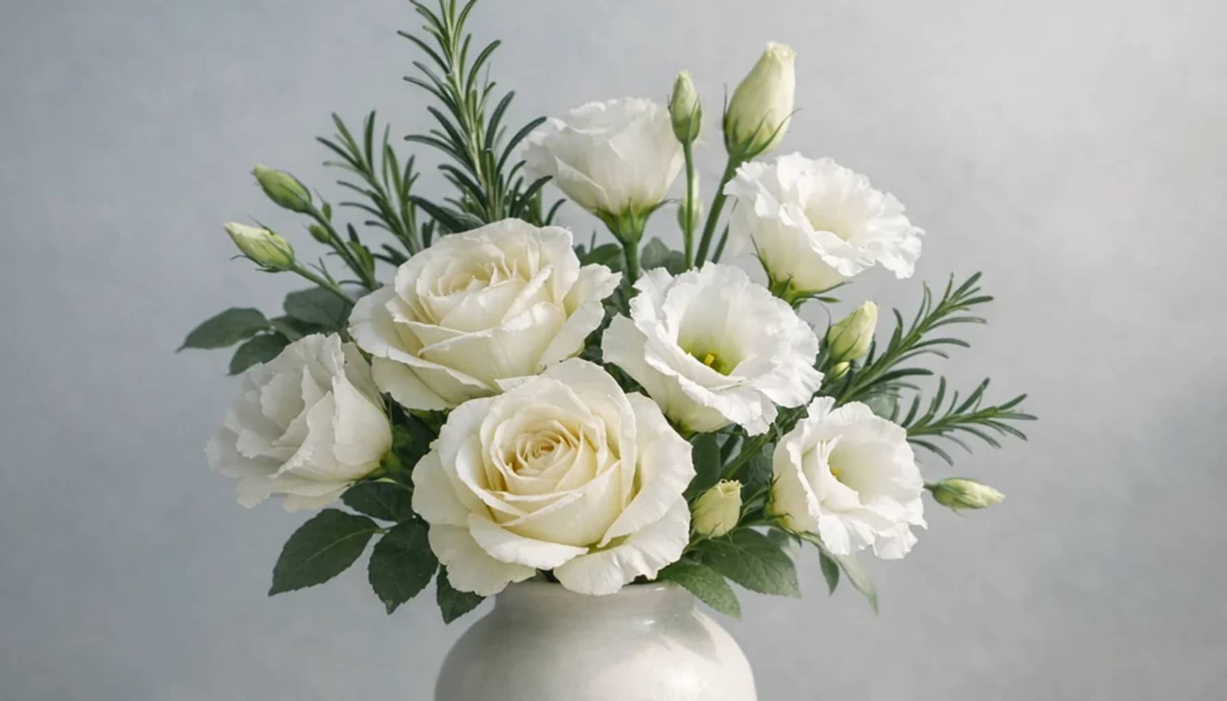 World Tsunami Awareness Day flower arrangement with white lisianthus, ivory roses, rosemary designed as a respectful remembrance and reflection floral guide