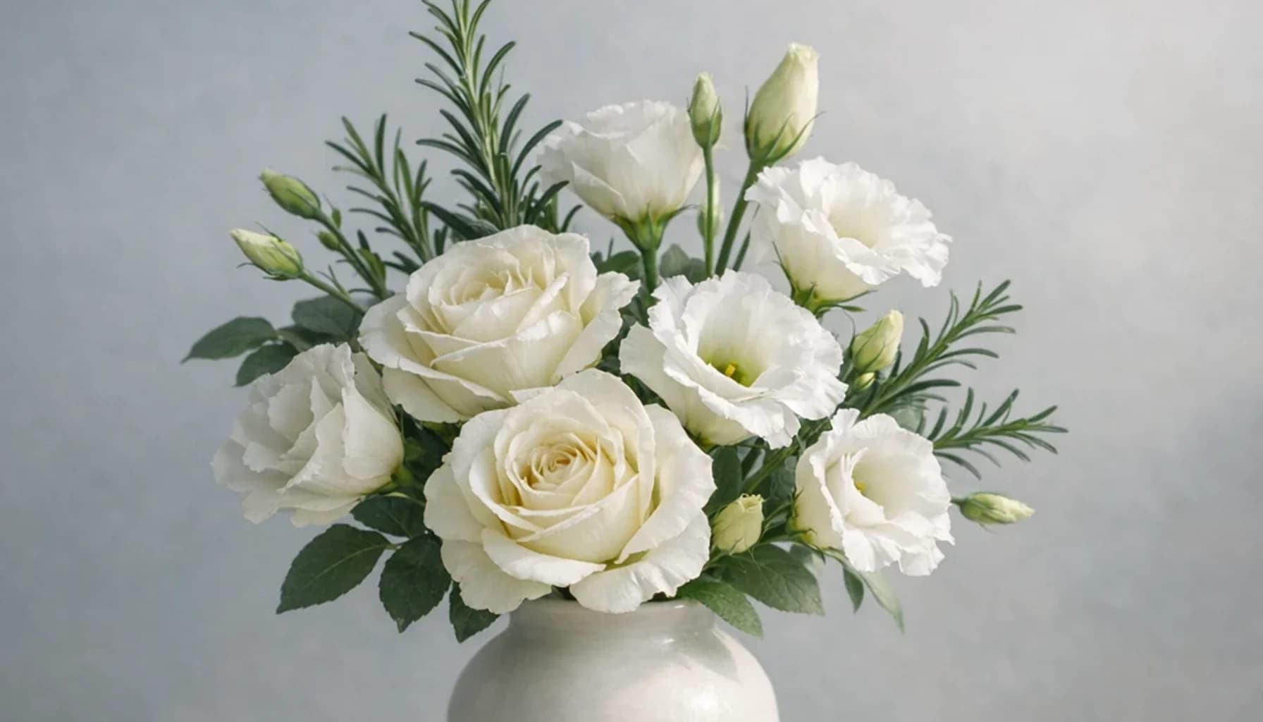 World Tsunami Awareness Day flower guide banner featuring white lisianthus, ivory roses, rosemary in ivory, mist, rosemary, charcoal tones