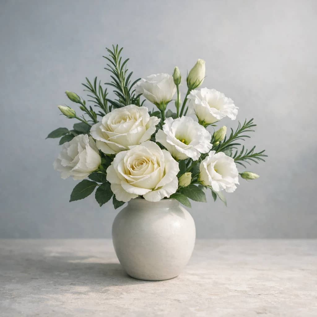 World Tsunami Awareness Day floral calendar still life with white lisianthus, ivory roses, rosemary