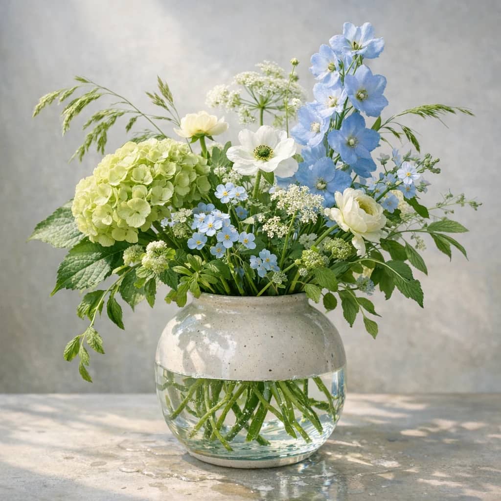 World Water Day floral calendar still life with seasonal wildflowers, green hydrangea, textural foliage