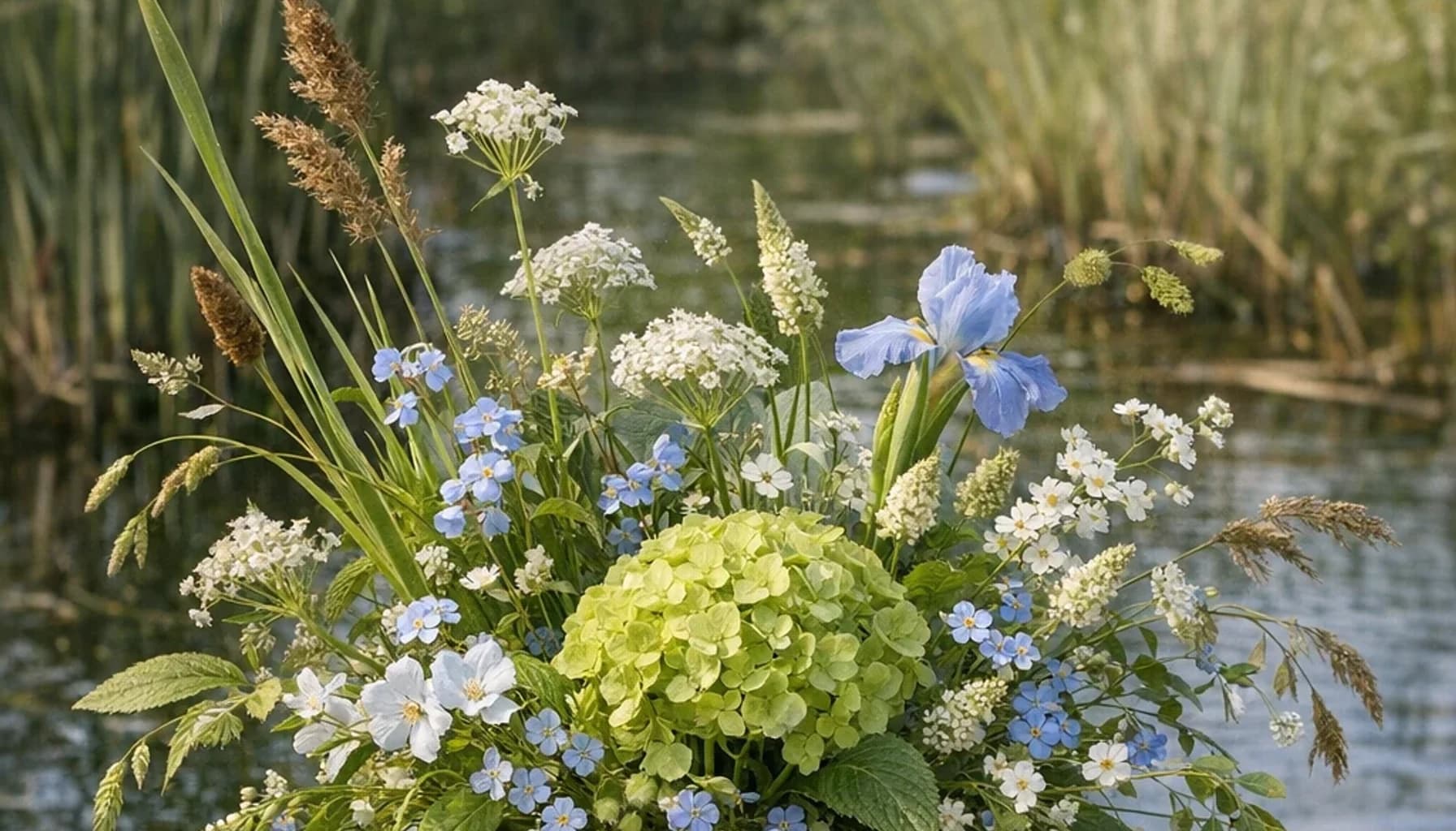 World Wetlands Day flower guide banner featuring seasonal wildflowers, green hydrangea, textural foliage in leaf, moss, sky, clay tones
